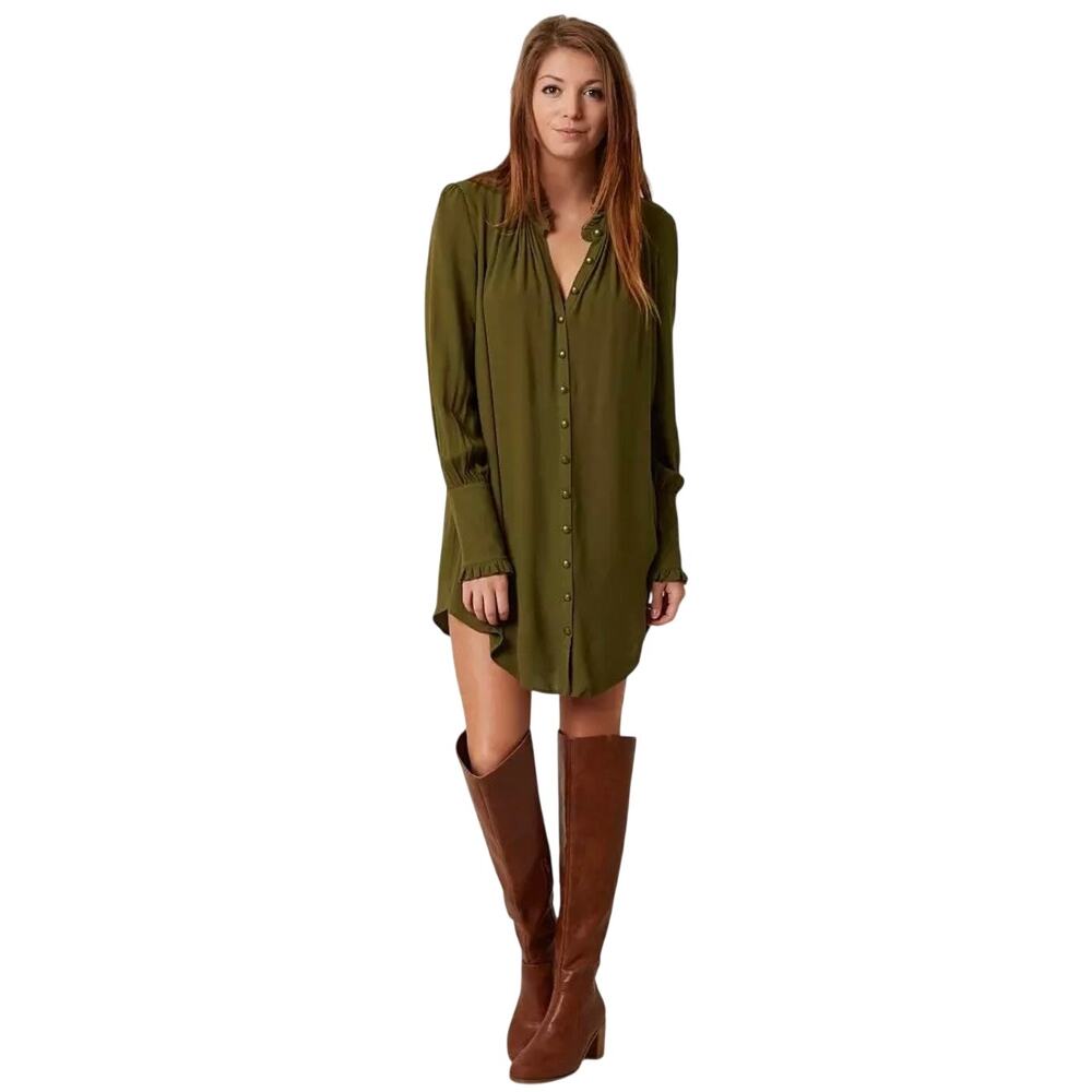 Rare! Free People Lieutenant Shirt Dress Olive Green Ruffle L